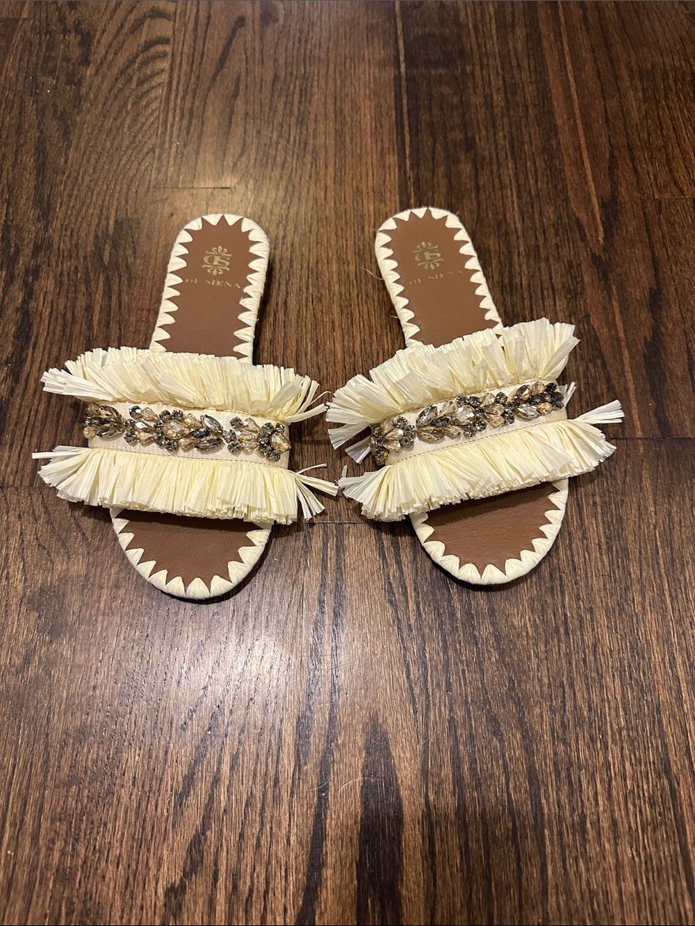 De Siena Cream Raffia Fringe Beaded Slide Sandals
